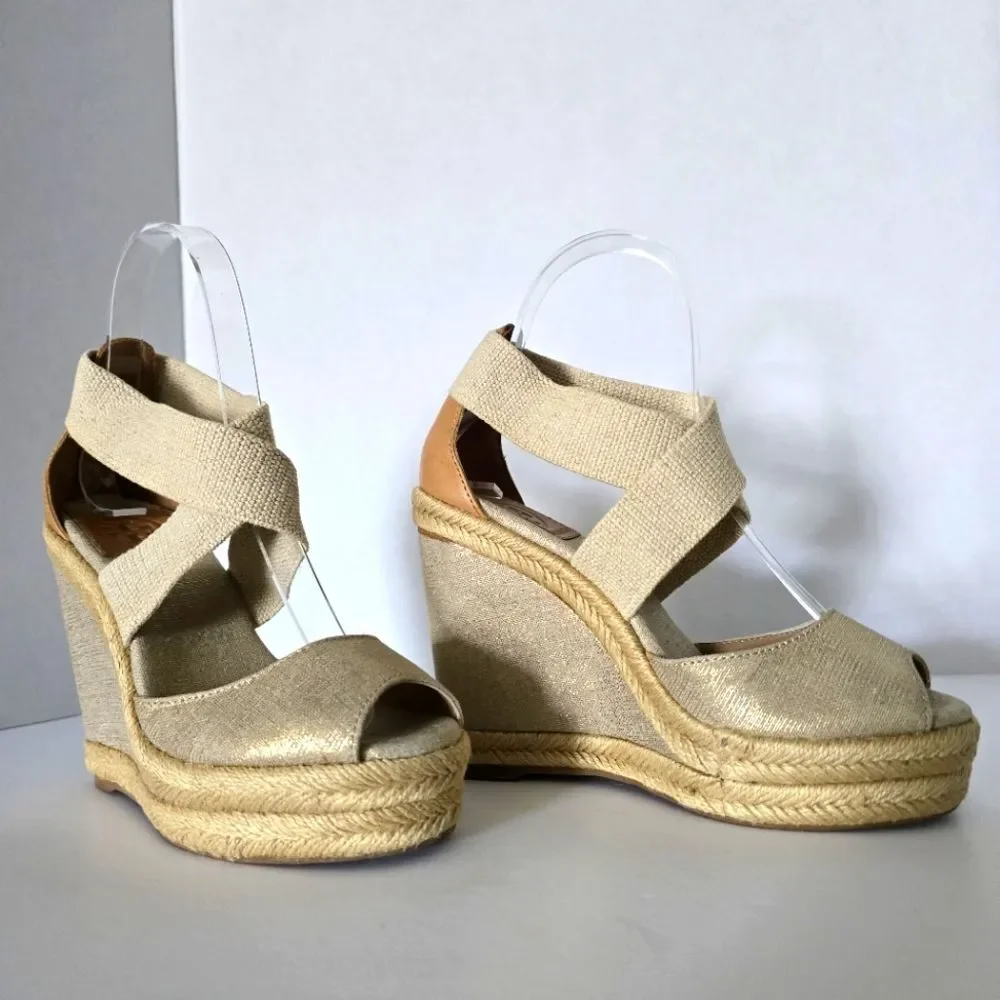 Tory Burch Kate Linen Espadrille Natural Gold Wedge Size 6